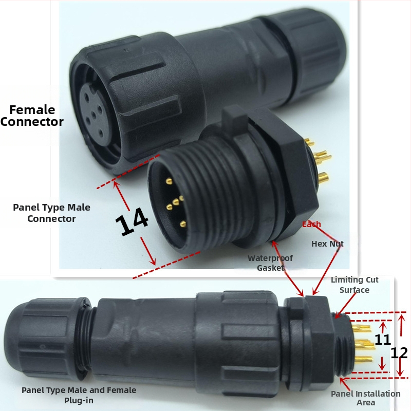 M14 водоустойчив авиационен конектор — щепсел и гнездо, 2–8 полюса, 220V, AC/DC интерфейс, медни контакти