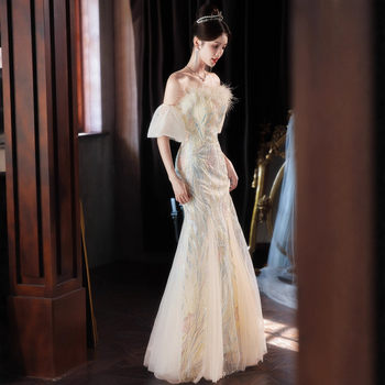 Večernja haljina s jednim ramenom za žene, visok struk, duga suknja u obliku ribje repi, bez rukava, poliesterska mješavina 30–50%