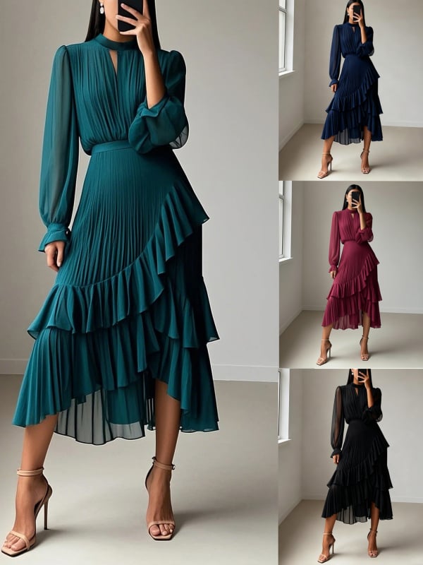 Jednobojna haljina od poliestera, tekstura naborima, plisirana suknja, okrugli izrez, dugi rukavi