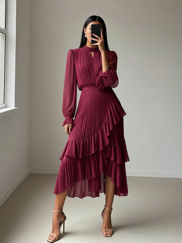 Jednobojna haljina od poliestera, tekstura naborima, plisirana suknja, okrugli izrez, dugi rukavi