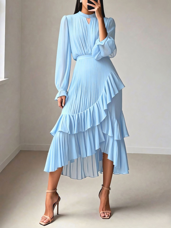 Jednobojna haljina od poliestera, tekstura naborima, plisirana suknja, okrugli izrez, dugi rukavi