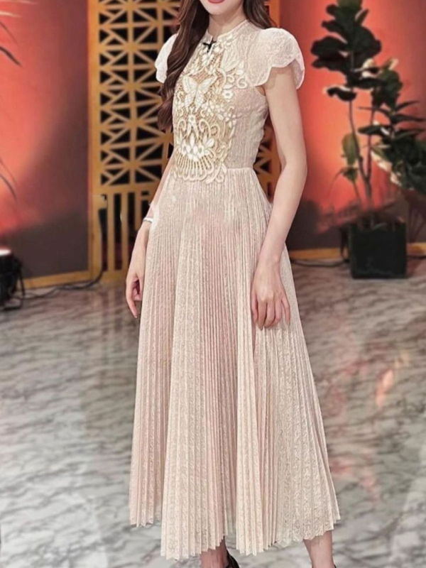 Čipkasta haljina s izvezenim detaljem, plisirana midi haljina, visok pas, okrugli ovratnik, kratki rukavi