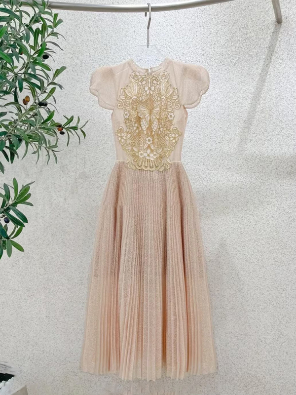 Čipkasta haljina s izvezenim detaljem, plisirana midi haljina, visok pas, okrugli ovratnik, kratki rukavi