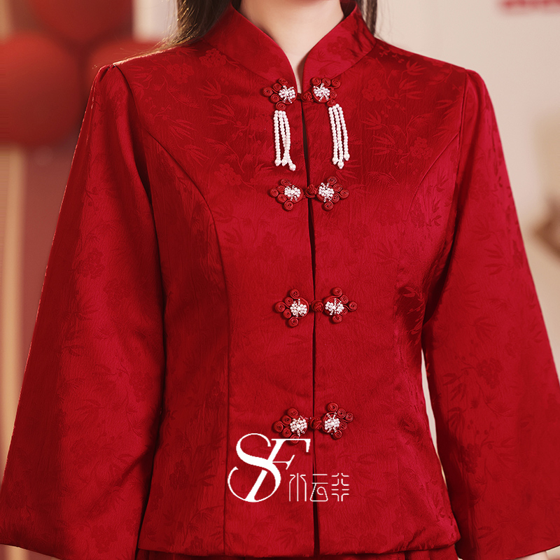 Kínai stílusú menyasszonyi ruha 3/4-es ujjú, A-vonalú siluett, poliészter, hosszú szoknya