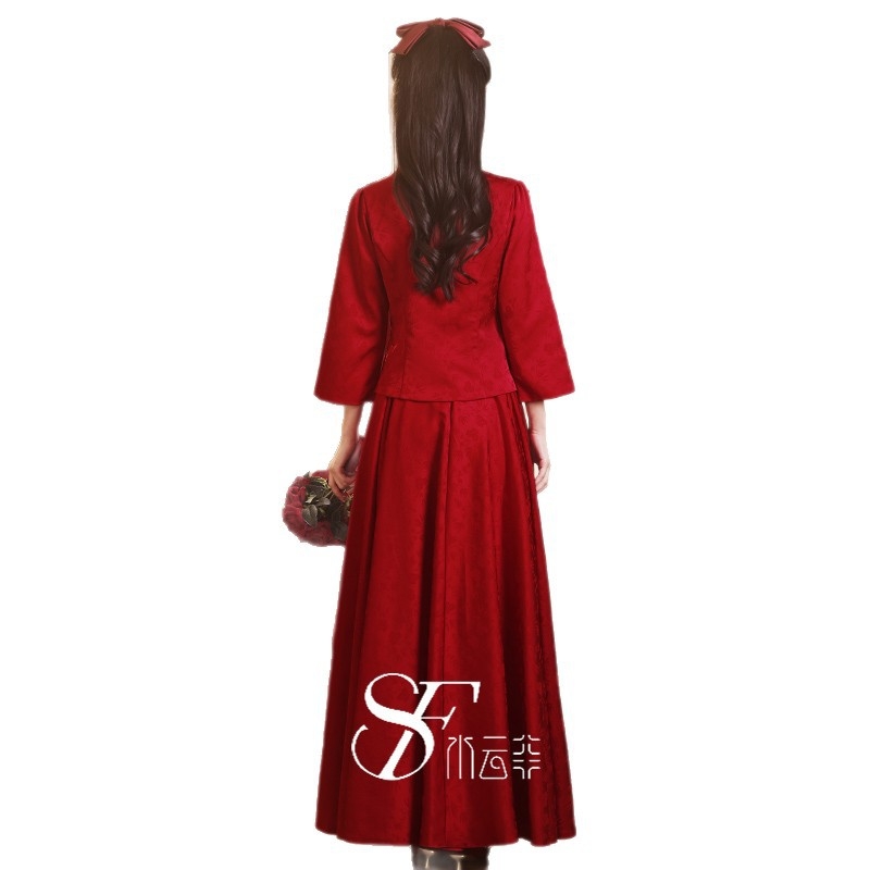 Kínai stílusú menyasszonyi ruha 3/4-es ujjú, A-vonalú siluett, poliészter, hosszú szoknya