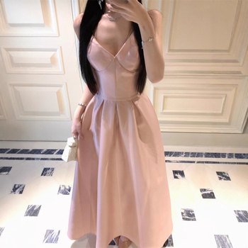 Ružičasta šifon haljina za zabavu, A‑linija kroj, visokim strukom, bez rukava, duga haljina, golom jedne linije