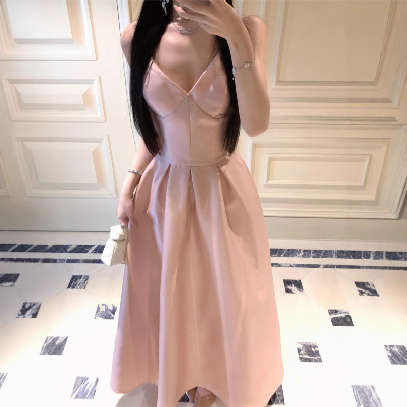 Ružičasta šifon haljina za zabavu, A‑linija kroj, visokim strukom, bez rukava, duga haljina, golom jedne linije