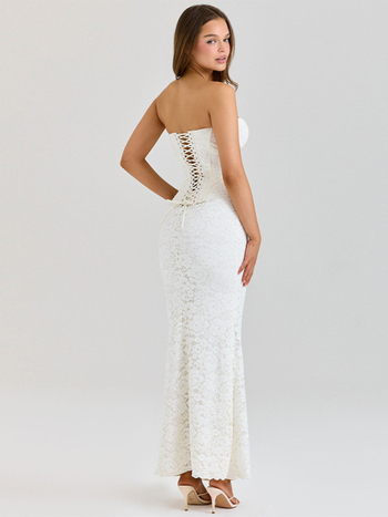 Rochie din dantelă cu umeri goi și wrap, lungă, siluetă subțire, dantelă Jacquard, poliester 80–90%