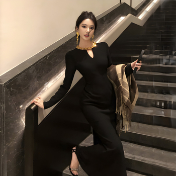 Uska večernja haljina za rođendan s kamenčićima, dugi rukavi, okrugli izrez, visok struk, suknja srednje dužine