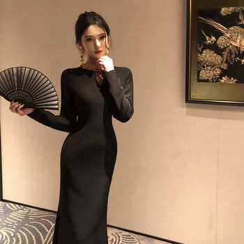 Uska večernja haljina za rođendan s kamenčićima, dugi rukavi, okrugli izrez, visok struk, suknja srednje dužine