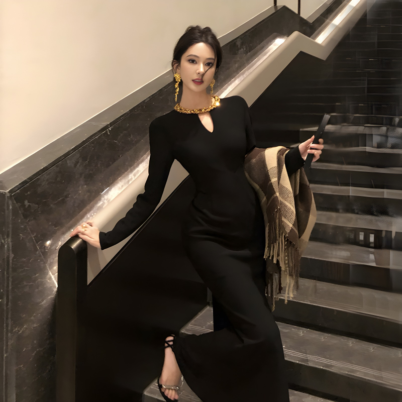 Uska večernja haljina za rođendan s kamenčićima, dugi rukavi, okrugli izrez, visok struk, suknja srednje dužine