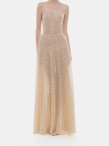 Duga haljina od rastezljivog poliestera s pailettama i čipkom, bez naramenica, elastičan struk, pogodna za zabave i pozornicu