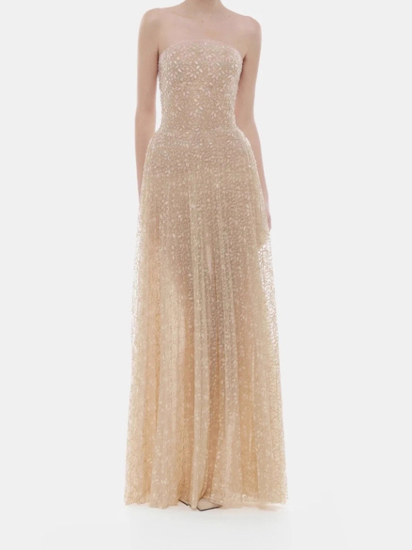 Duga haljina od rastezljivog poliestera s pailettama i čipkom, bez naramenica, elastičan struk, pogodna za zabave i pozornicu