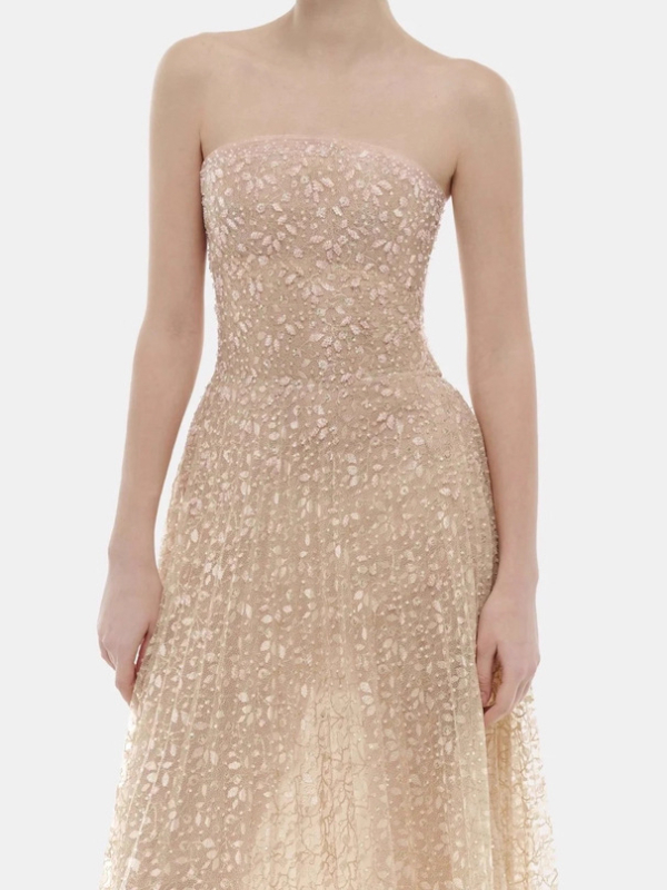 Duga haljina od rastezljivog poliestera s pailettama i čipkom, bez naramenica, elastičan struk, pogodna za zabave i pozornicu