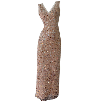 Csillogó hímzett ruha, V-nyakú, A-vonalú hosszú ruha, magas derékkal, poliészter, cipzár
