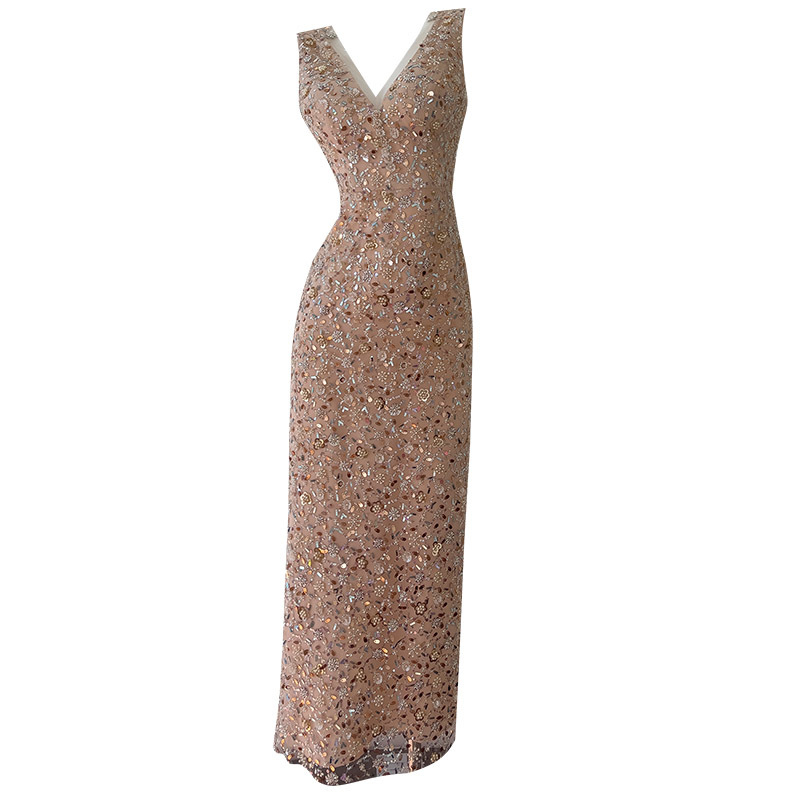 Csillogó hímzett ruha, V-nyakú, A-vonalú hosszú ruha, magas derékkal, poliészter, cipzár
