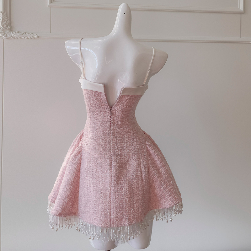 A-linija haljina bez rukava s visokim strukom, jednolinijski ovratnik, zatvarač, acetatni satenski s vunenim udjelom, detalj kolage/splice, zimsko izdanje 2025