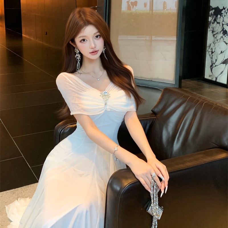 Rochie maxi din poliester, fără mâneci, decolteu în V, talie înaltă, croială A-line