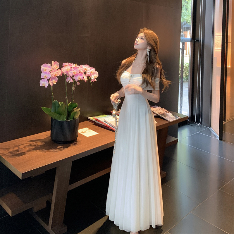 Rochie maxi din poliester, fără mâneci, decolteu în V, talie înaltă, croială A-line