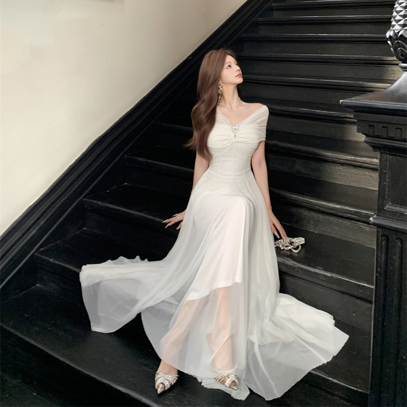 Rochie maxi din poliester, fără mâneci, decolteu în V, talie înaltă, croială A-line