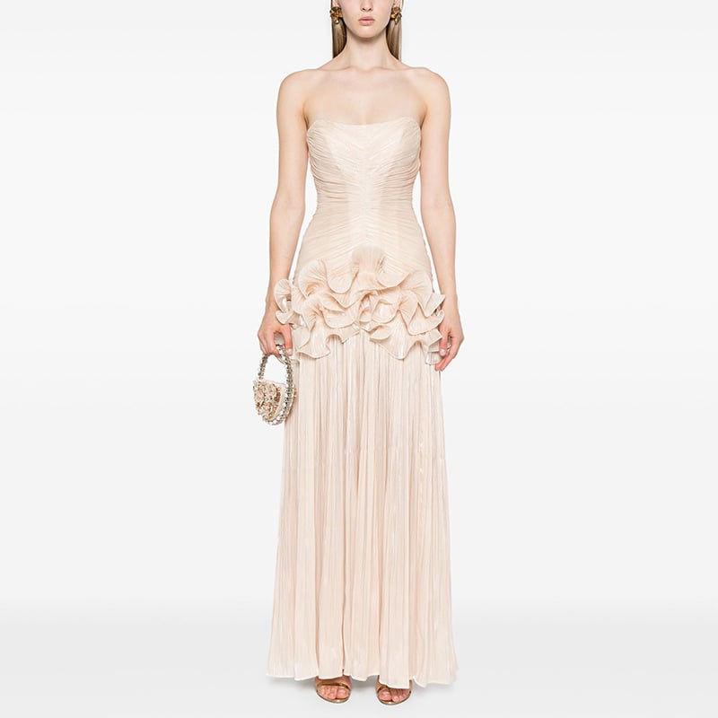 Svečana haljina bez rukava, bez naramenica, visokim strukom, duga vila haljina, poliester tkanina, 3D uzorak, kolagenska izrada.