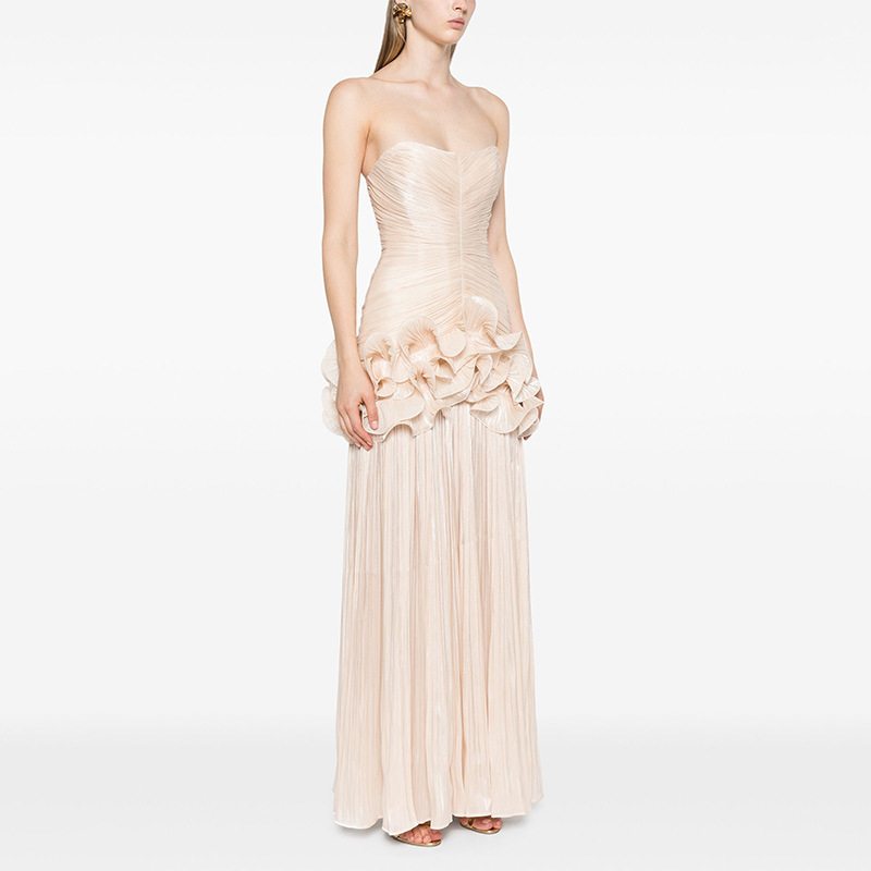 Svečana haljina bez rukava, bez naramenica, visokim strukom, duga vila haljina, poliester tkanina, 3D uzorak, kolagenska izrada.