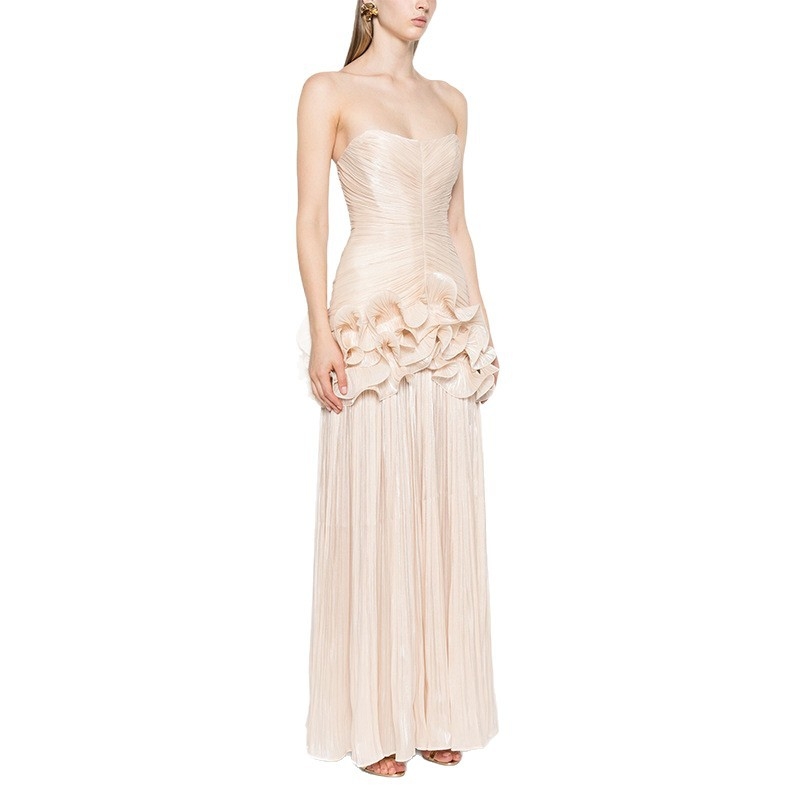 Svečana haljina bez rukava, bez naramenica, visokim strukom, duga vila haljina, poliester tkanina, 3D uzorak, kolagenska izrada.