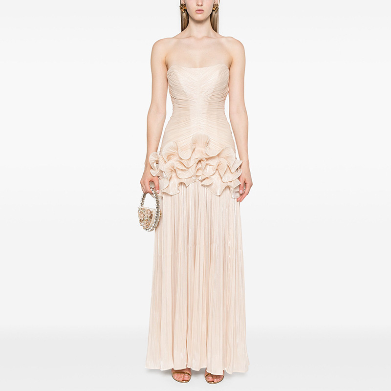 Svečana haljina bez rukava, bez naramenica, visokim strukom, duga vila haljina, poliester tkanina, 3D uzorak, kolagenska izrada.