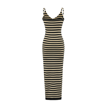 Csíkos pántos ujj nélküli ruha, hosszú A-vonalú kötött ruha, pamut-elasztán — nyár 2025 (Pamut-elasztán; Csíkos; Pántok; Ujj nélküli; V-nyak)