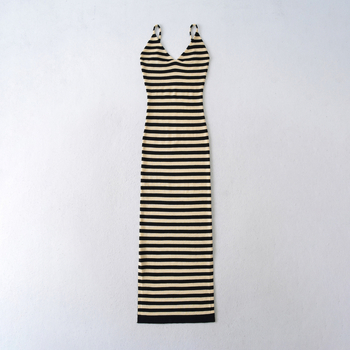 Csíkos pántos ujj nélküli ruha, hosszú A-vonalú kötött ruha, pamut-elasztán — nyár 2025 (Pamut-elasztán; Csíkos; Pántok; Ujj nélküli; V-nyak)
