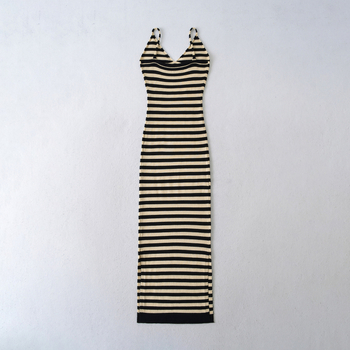 Csíkos pántos ujj nélküli ruha, hosszú A-vonalú kötött ruha, pamut-elasztán — nyár 2025 (Pamut-elasztán; Csíkos; Pántok; Ujj nélküli; V-nyak)