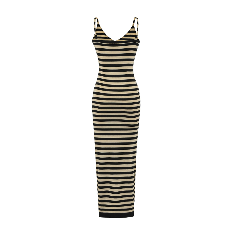 Csíkos pántos ujj nélküli ruha, hosszú A-vonalú kötött ruha, pamut-elasztán — nyár 2025 (Pamut-elasztán; Csíkos; Pántok; Ujj nélküli; V-nyak)