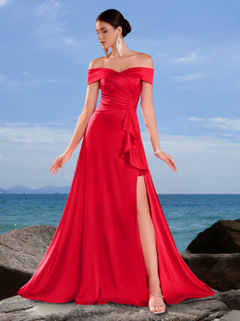 Вечерна рокля с едно рамо, тънък силует, воланов кант, midi дължина, полиестер-еластанова смес