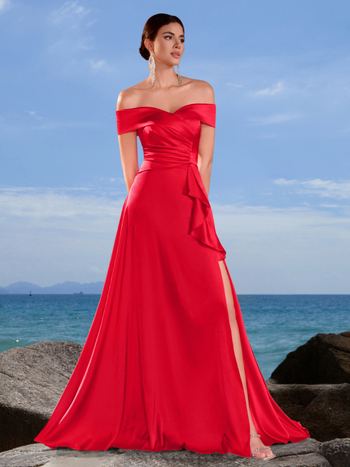 Вечерна рокля с едно рамо, тънък силует, воланов кант, midi дължина, полиестер-еластанова смес