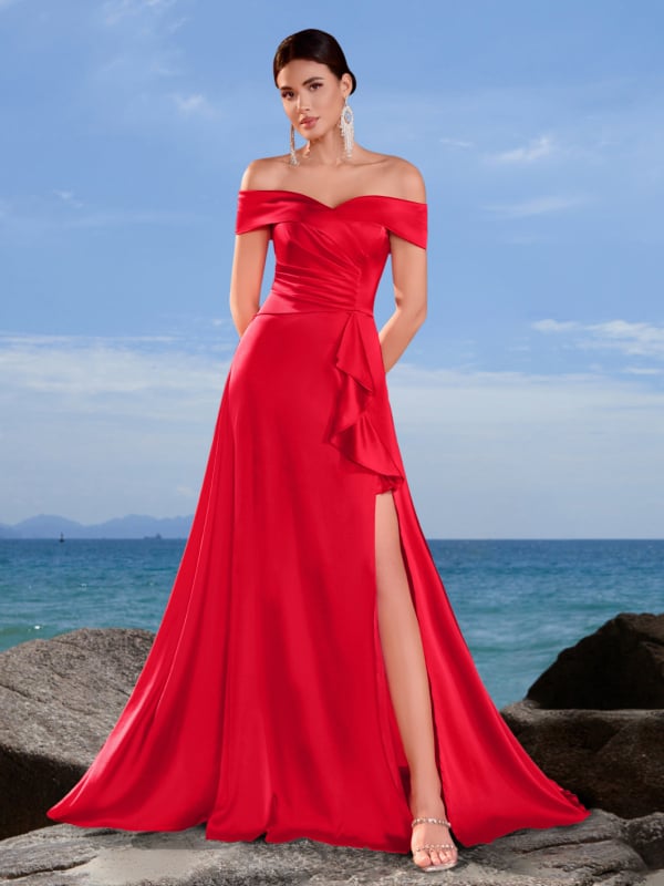 Вечерна рокля с едно рамо, тънък силует, воланов кант, midi дължина, полиестер-еластанова смес