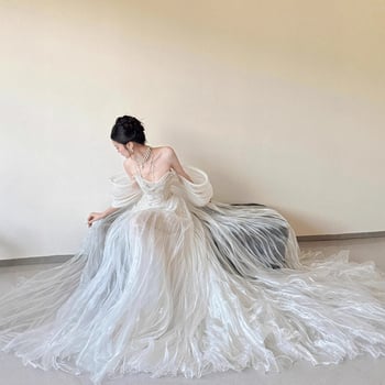 Сватбена рокля от тюл с рибена опашка, без презрамки, дълга, висока талия, 2025 лято