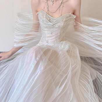 Сватбена рокля от тюл с рибена опашка, без презрамки, дълга, висока талия, 2025 лято