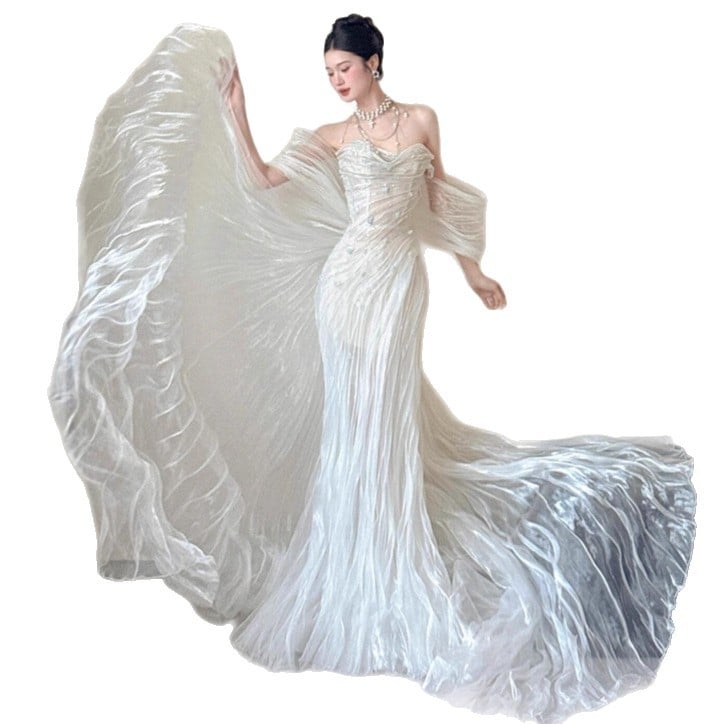 Сватбена рокля от тюл с рибена опашка, без презрамки, дълга, висока талия, 2025 лято