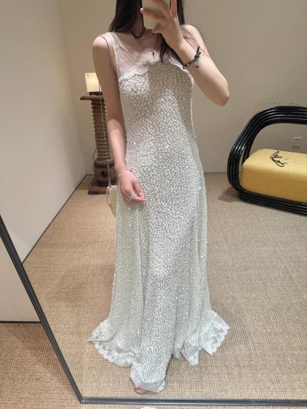 Haljina u francuskom stilu s teškom čipkom i šivanjem; bez rukava; duga A-linija; visok struk (Stretch polyester; Embroidery)