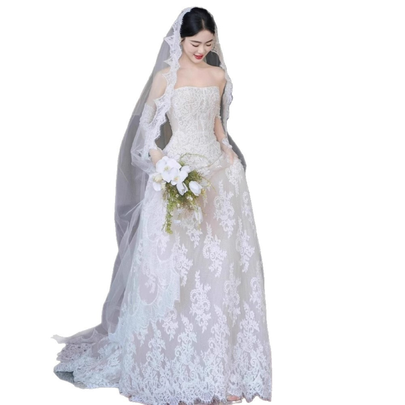 Vjenčana haljina bez naramenica - mali šlep, bez rukava, duga suknja, visok struk, tijesno krojenje