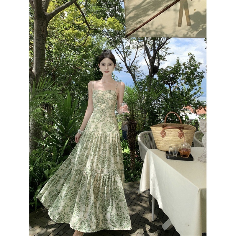 Pántos ruha virágos törött mintával, magas derék, hosszú A-vonalú ruha, poliészter–elasztán