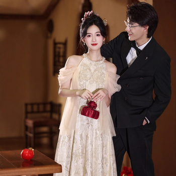 Vjenčana haljina za zaruke s halterom, A-linijskog kroja, visokim strukom, bez rukava, duga suknja