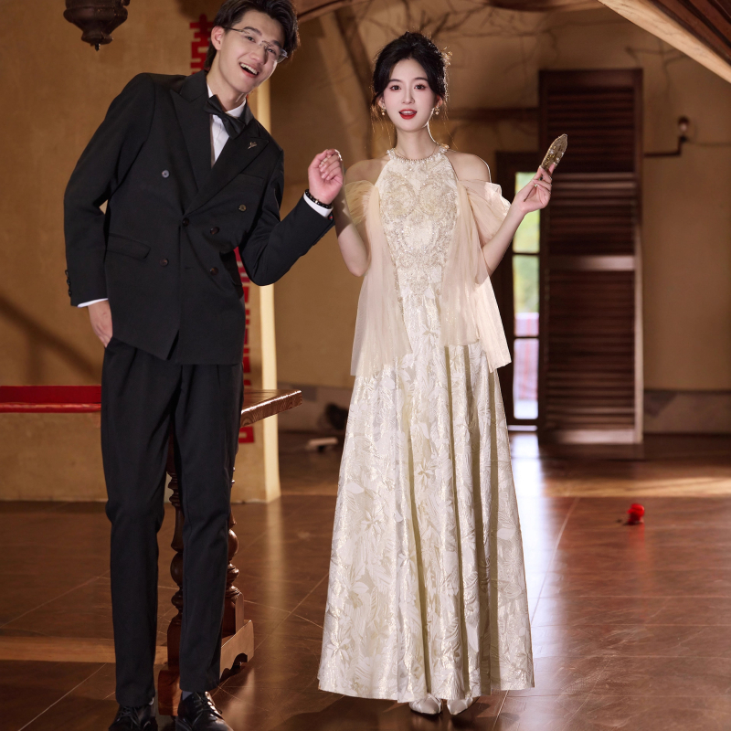 Vjenčana haljina za zaruke s halterom, A-linijskog kroja, visokim strukom, bez rukava, duga suknja