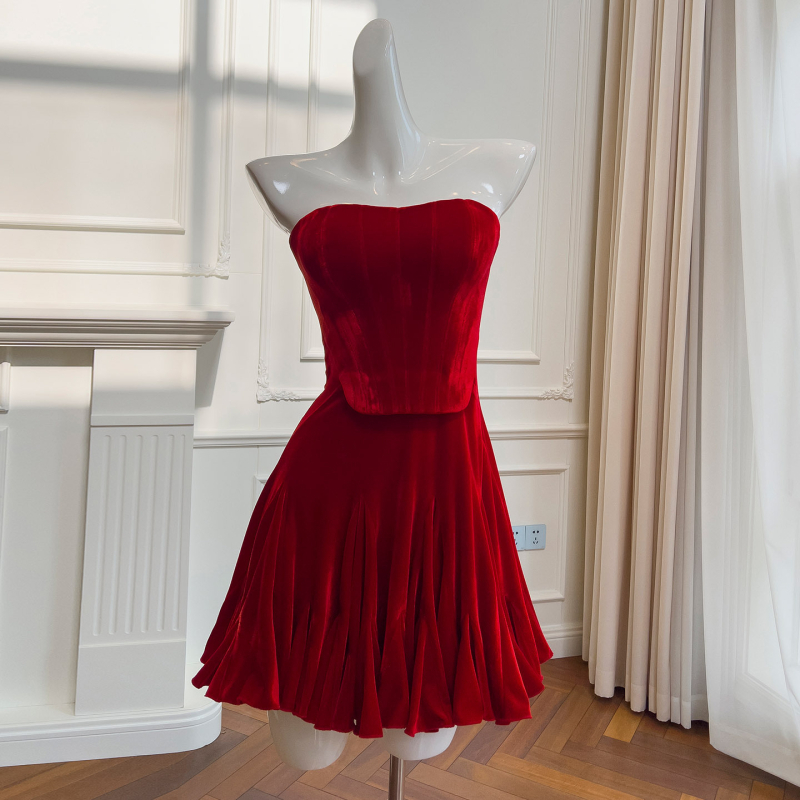 Baršunasta haljina A-linije, korzetni top s ribljom kostom, bez naramenica, stražnji zatvarač, poliester-elasthan