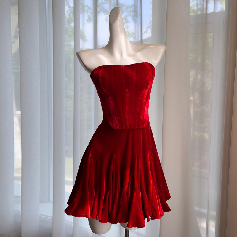 Baršunasta haljina A-linije, korzetni top s ribljom kostom, bez naramenica, stražnji zatvarač, poliester-elasthan