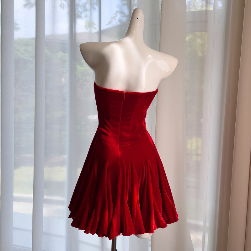 Baršunasta haljina A-linije, korzetni top s ribljom kostom, bez naramenica, stražnji zatvarač, poliester-elasthan