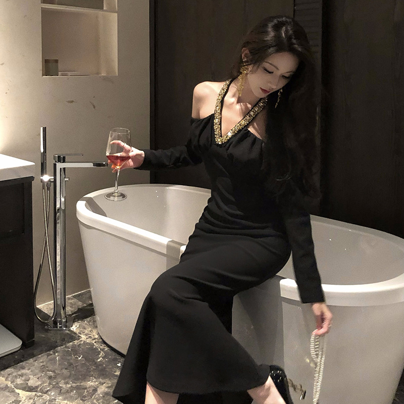 Večernja haljina s otvorenim ramenima, kristalnim izrezom, duga, V-dekolte, visokim strukom