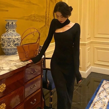 Haljina s otvorenim ramenima, pletena, midi duljine, vunasto-mješovita tkanina, visok struk