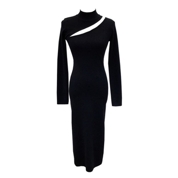 Haljina s otvorenim ramenima, pletena, midi duljine, vunasto-mješovita tkanina, visok struk