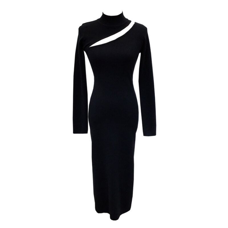 Haljina s otvorenim ramenima, pletena, midi duljine, vunasto-mješovita tkanina, visok struk